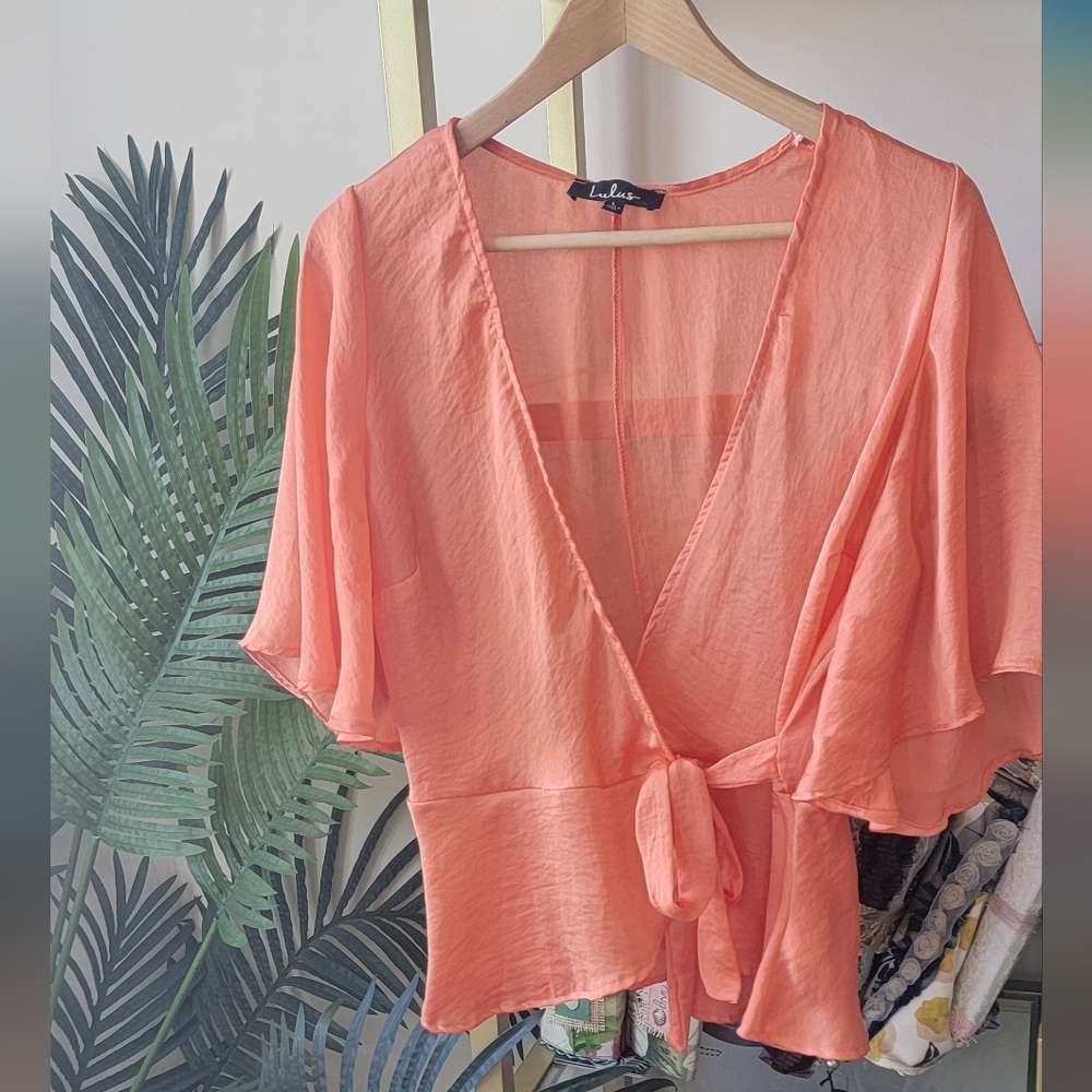 Lulus Peach Orange Satin Blouse - Women's Size Large